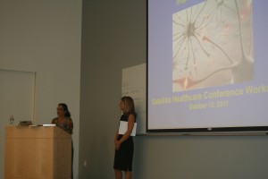 Debbie Kurland introducing Lisa Frederiksen, Keynote Presenter at Satellite Health Care National Conference, October 13, 2011, Workshop: "Using 21st Century Brain Science to Improve Patient's Lives." 