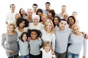 Large Group of Happy People smiling and embracing.